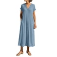 thumbnail image 3 of Fartey Cotton Linen Shirt Dresses for Women Casual Button Down Maxi Dress Summer V Neck Short Sleeve Dresses Breathable Beach Sundress Blue XL, 3 of 9