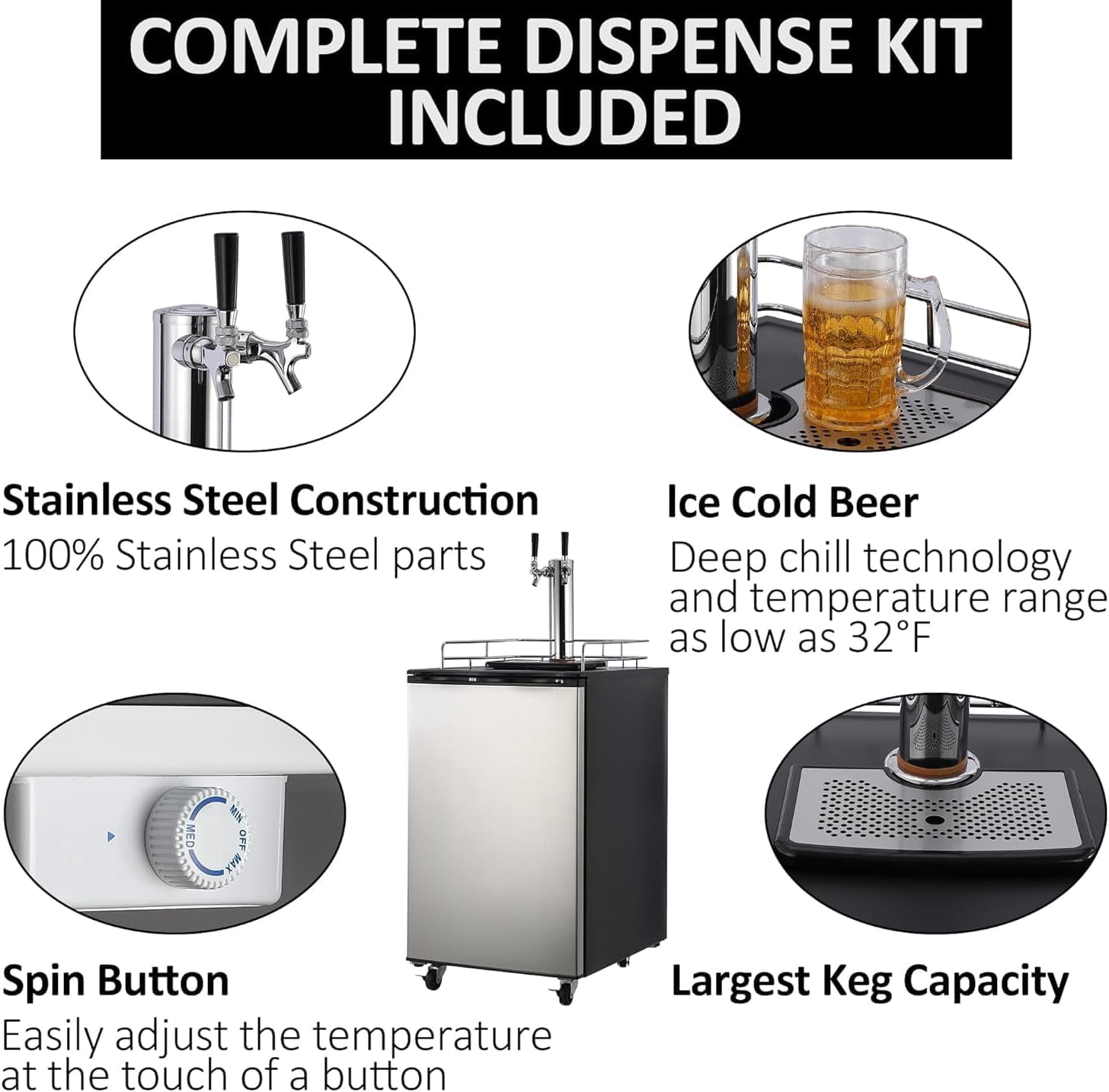 Beer Kegerator 61 Cubic Feet Dual Tap Draft Beer Dispenser With Fan Cooling Auto Defrost Full Size Keg Refrigerator With Shelves Stainless Steel Finish Temperature Control 170L For Home And Parties