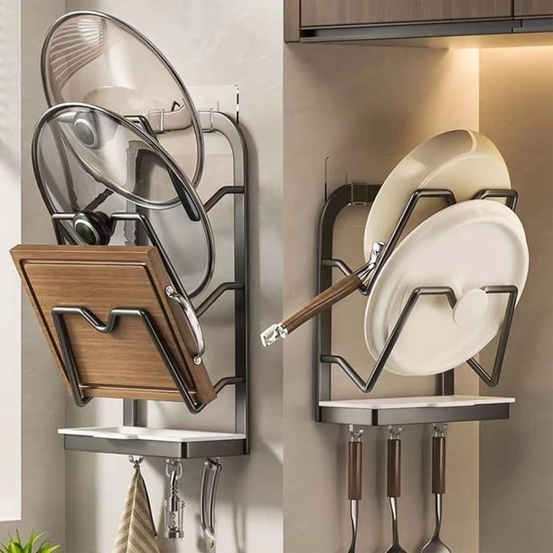 Xihbxyly Estante de Pared para Tapas de Ollas, Diseño Sin Perforaciones, Ahorra Espacio, Material de Aleación Resistente, Fácil Instalación, Sin Necesidad de Taladrar, Organizador de Cocina, Opciones