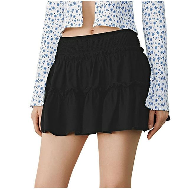 Besolor Women's Summer Mini Skirt Elastic High Waist Ruffle Tiered Flowy Short Skirt with Inner Shorts