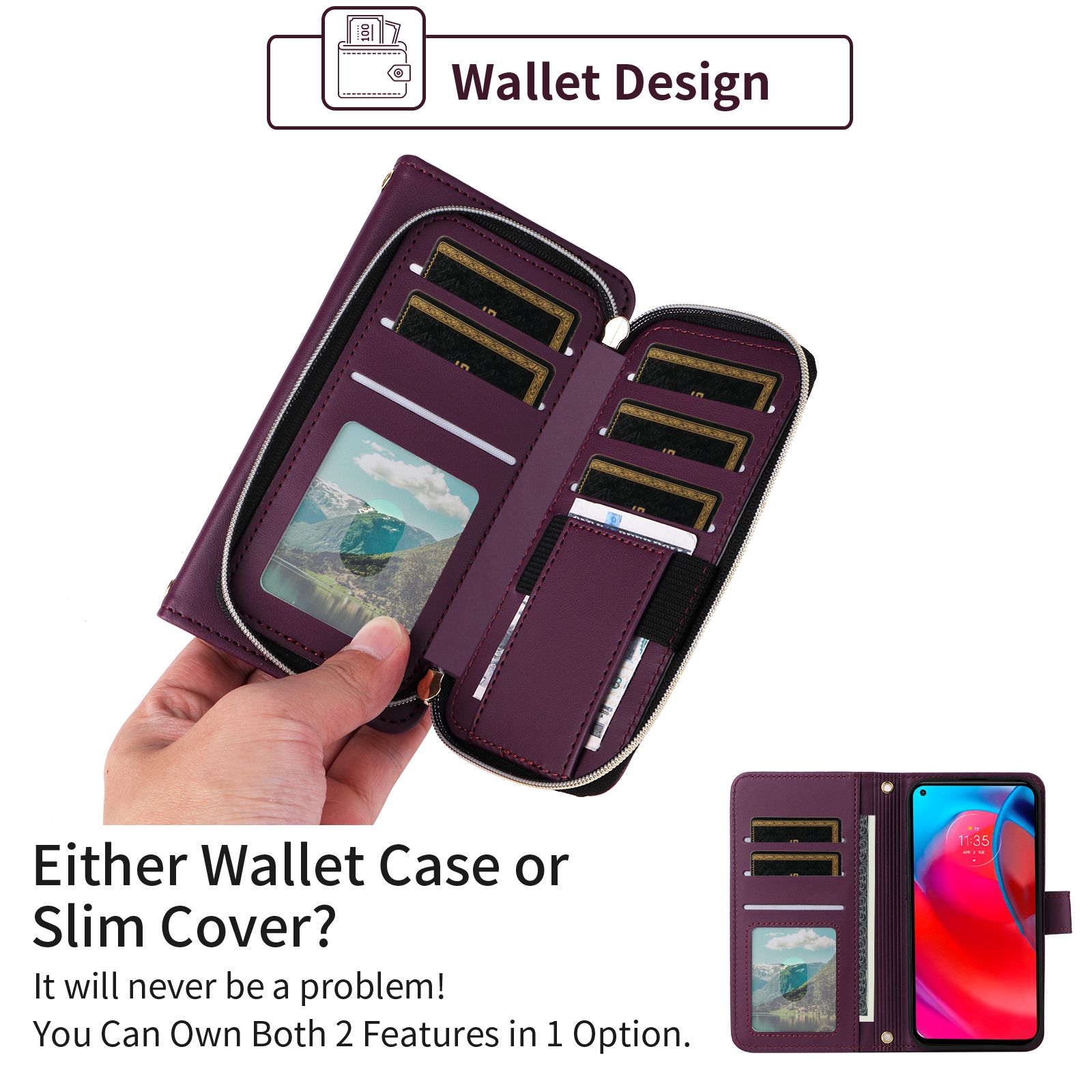Furiet Argyle Wallet Case for Moto G Stylus 5G 2021 with Wrist/Shoulder Strap Zipper Purse, Luxury PU Leather Card Holder Slots Stand Phone Cover for Motorola GStylus G5 XT2131DL Women Deep Purple