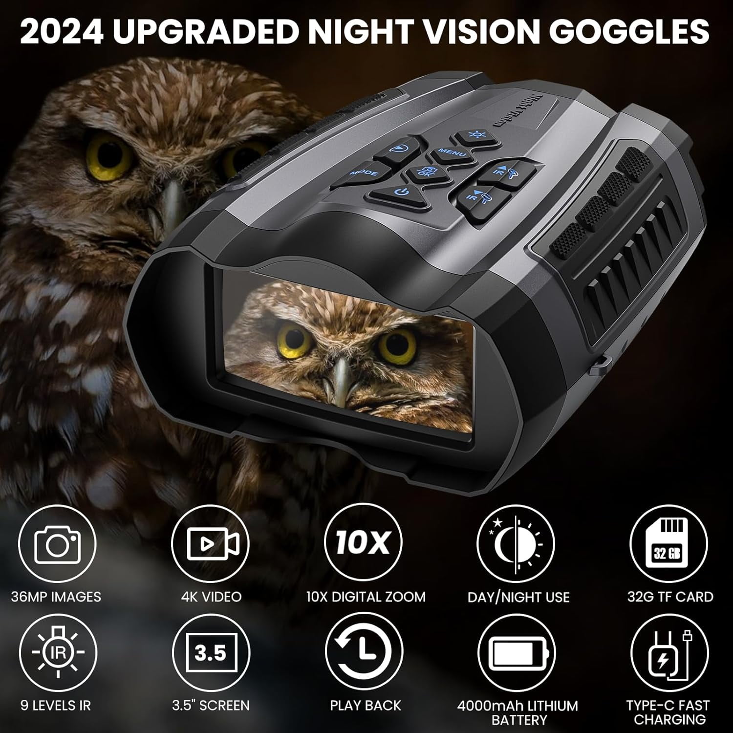 4K IR Night Vision Goggles, 3.5-inch HD LCD Screen Binoculars, 10x Digital Zoom, 1000ft Visible Distance, Outdoor Shooting Camera