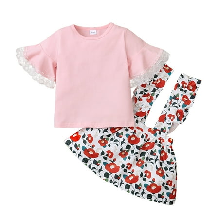 

Baby Girls Outfits Short Sleeve Solid Color Pagoda Sleeve T-shirt Top+ Floral Print Straps Suspender Skirts 2PCS Outfits Set 18-24 Months Pink