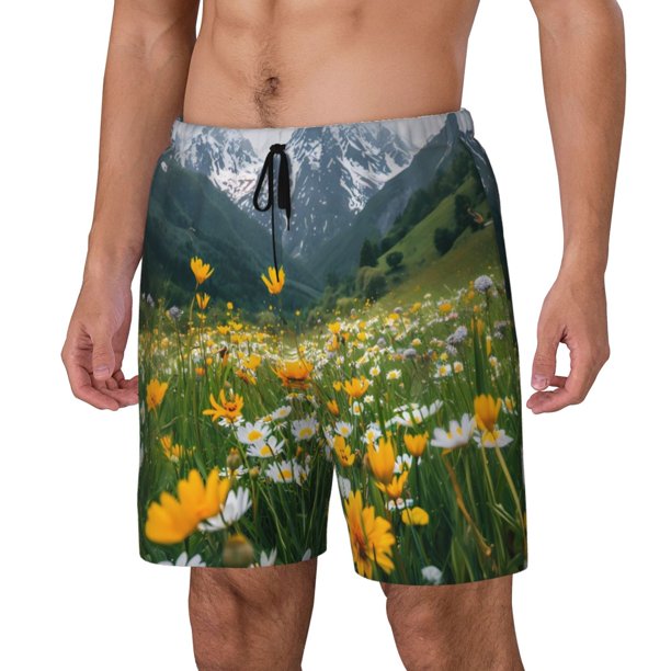 Fotbe Mountain Daisy Meadow Traje de Baño para Hombre – Shorts de Natación de Secado Rápido con Forro y Bolsillos-XX-Large