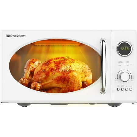 0.9 Cu. Ft. Retro Microwave with 1,000W Grill Function, 800W Cooking Power, LED Display, 5 Power Levels, 8 Auto Menus, Glass Turntable, Child Lock, White Countertop Design