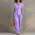 thumbnail image 2 of Hxshgdsn Dress Casual Sets for Womens Wrap Tie Waist Short Sleeve Top Wide Leg Long Pants 2 Piece Vacation Daily（Purple/3XL）, 2 of 7