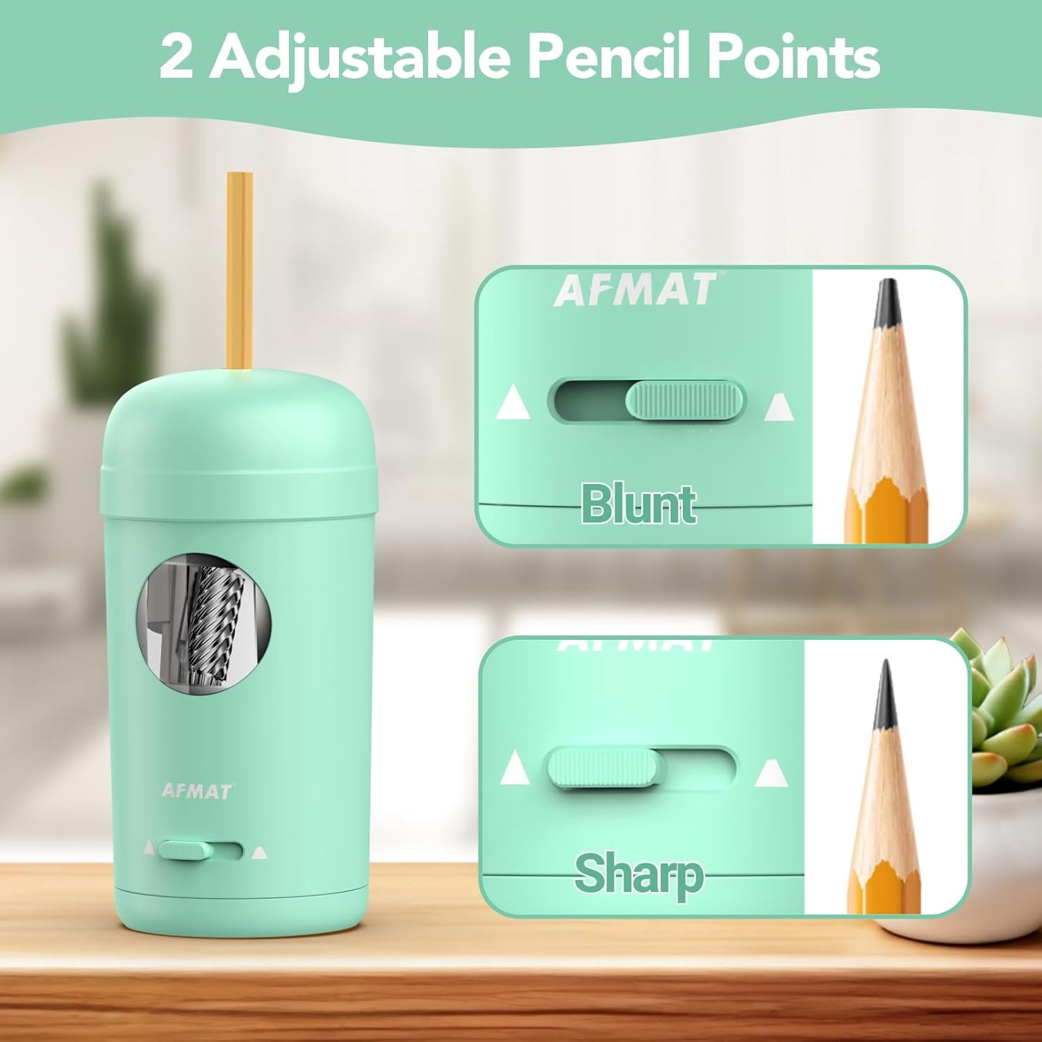 AFMAT Electric Pencil Sharpener, Fully Automatic Pencil Sharpener for 7-8mm Pencils & Colored Pencil, Auto in & Out, Rechargeable Vertical Hands-Free Sharpeners for Classroom/Home/Office,Green