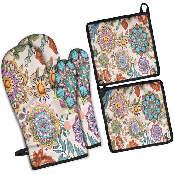 Pioneer Flower Floral Print Pattern Kitchen Oven Mitt and Pot Holder Sets 2 Pcs for Baking, Cooking and Grilling, Heat Resistant Up To 392 °F