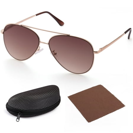 Aviator Sunglasses for Women, Flat Brown Gradient 58mm Shatterproof Lens, Gold Metal Frame, UV400 Protection,Case Included,Spring Loaded Hinges
