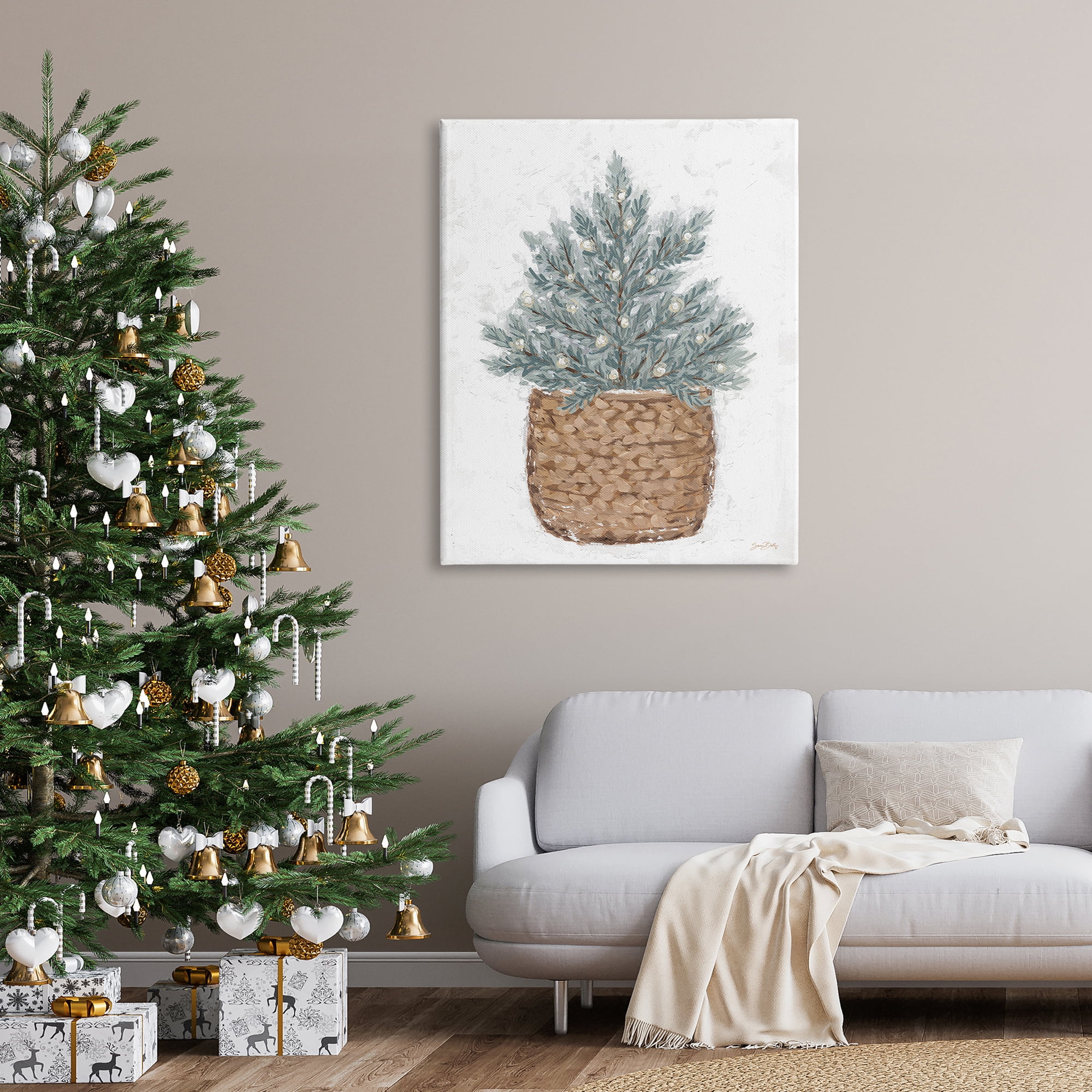 Peaceful Holiday Fir Tree Woven Planter Basket Botanical & Floral Painting Gallery-Wrapped Canvas Print Wall Art