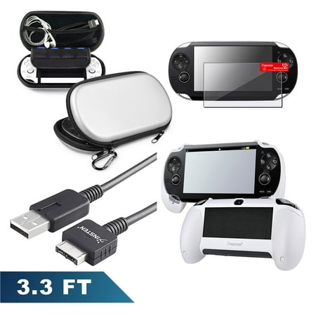 Insten White Hand Grip+Screen Protector+Silver EVA Case+USB Cable For Sony PS Vita