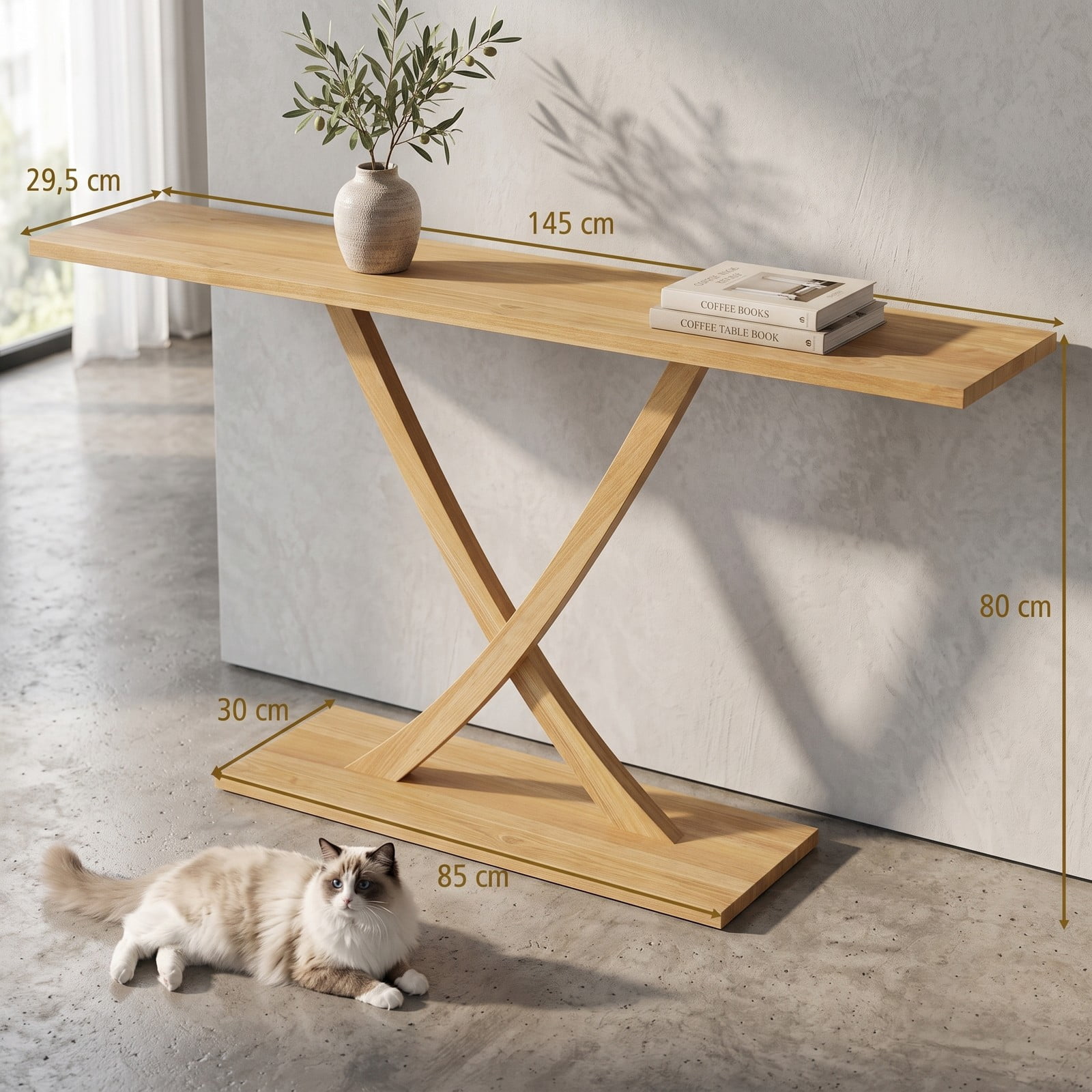 Furnibear 57 Inch Solid Wood Console Table with Teak Wood Frame and Geometric X-Shaped Base for Living Room and Entryway, Natural