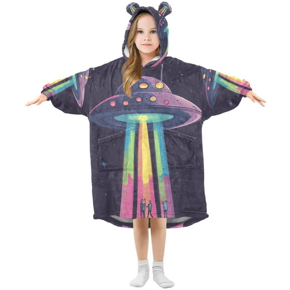 FORMRS Wearable Blanket Hoodie with Sleeves for Kids Cozy Flannel Sweatshirt, Purple UFO