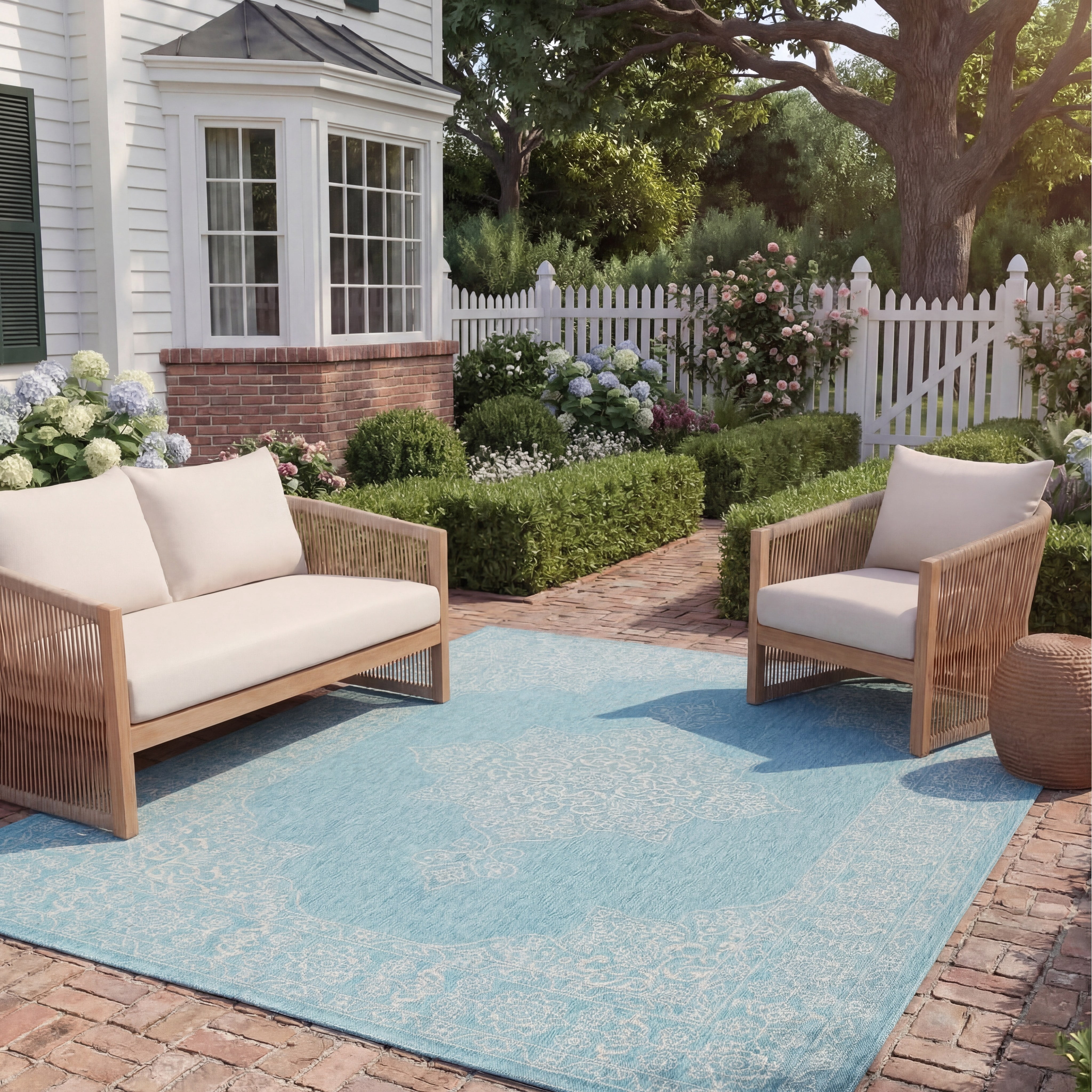 SAFAVIEH Courtyard Delbet Distressed Medallion Indoor/Outdoor Area Rug, 6'7" x 6'7" Square, Aqua/Grey
