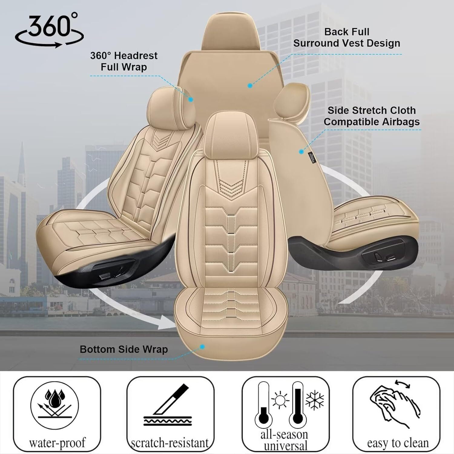 AOMSAZTO Full Set Car Seat Covers Fit fo Toyota RAV4 2007-2025 Faux Leather Seat Cover 2 Rows 5 Seats Waterproof Seat Cushion Protector (BEIGE)