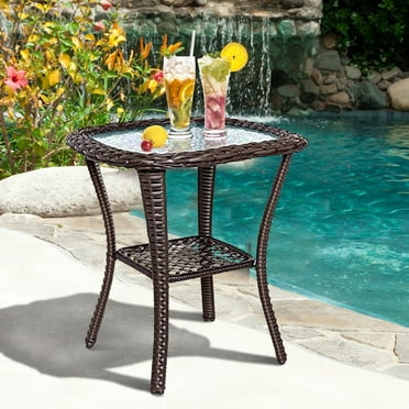 ATR ART to REAL Outdoor Wicker End Table, Square Rattan Glass Top Side Table for Patio Garden, Brown
