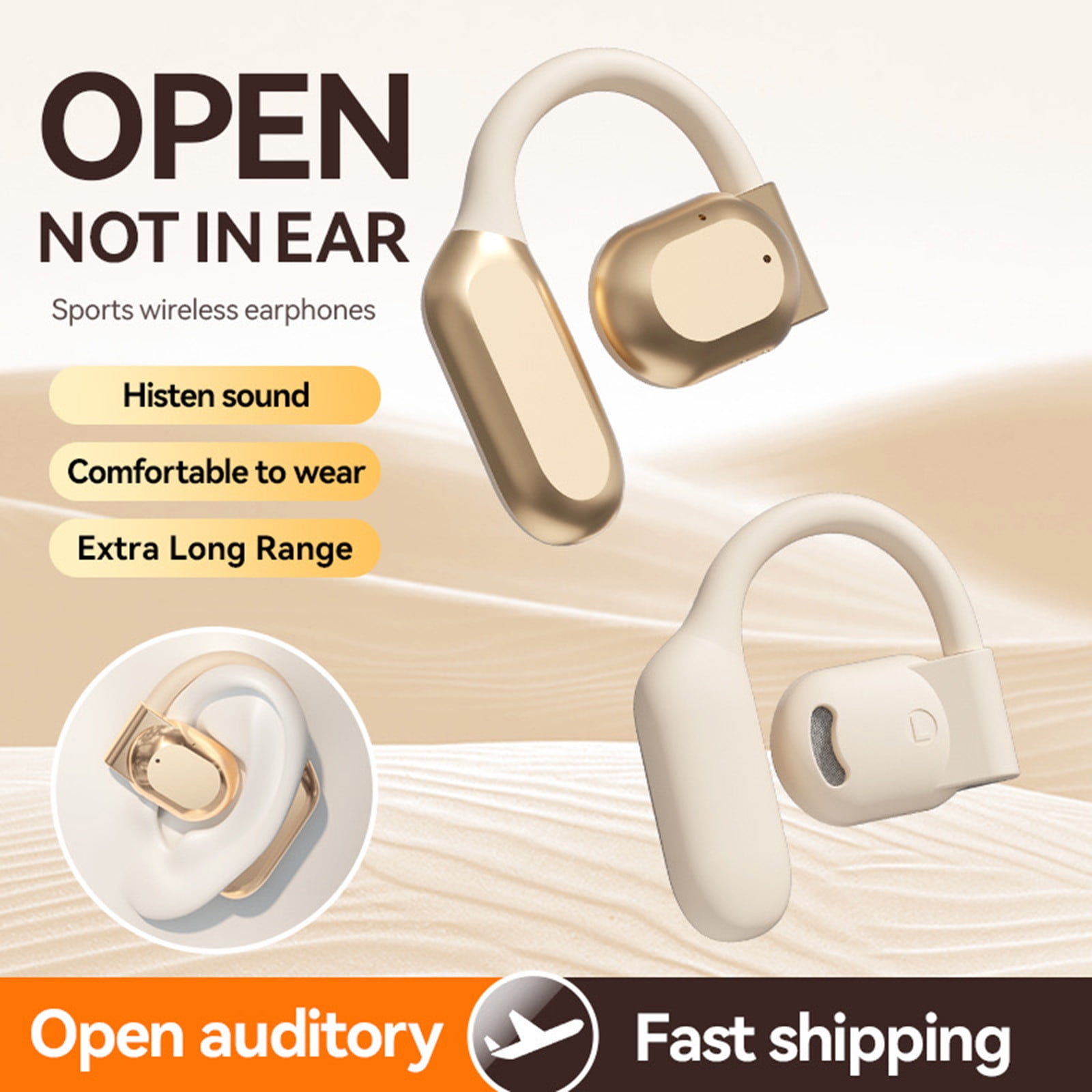 Uandlove Bluetooth Headset for Cell Phone,Wireless Bluetooth 5.4 with Microphone Open Ear Headphones 16H Open Ear Earbuds 14.2mm Drivers IPX5 HD Calls Suitable with Phones Tablet,Beige