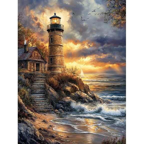 5D Beach Lighthouse Diamond Art 12x16 Inch Full Drill Diamond Painting Kits for Adults & Beginners - DIY Art Crafts for Relaxation and Home Wall Decor
