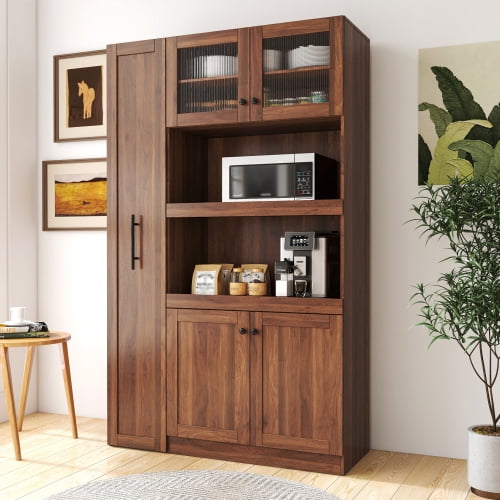 Kitchen pantry cabinet with multi-functional pull-out multi-tier storage shelf,Farmhouse Storage Cabinet with 4 Doors,Pantry Organizers for Kitchen,Dining Room