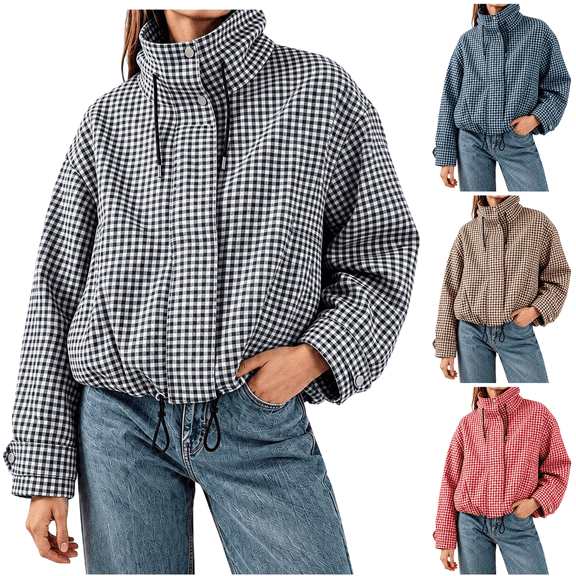 LNZGNM Plaid Bomber Jacket for Women Zip Up Stand Collar Long Sleeve Jackets Elastic Cuff Loose Lightweight Fall Winter Coat with Pockets,Black (L)