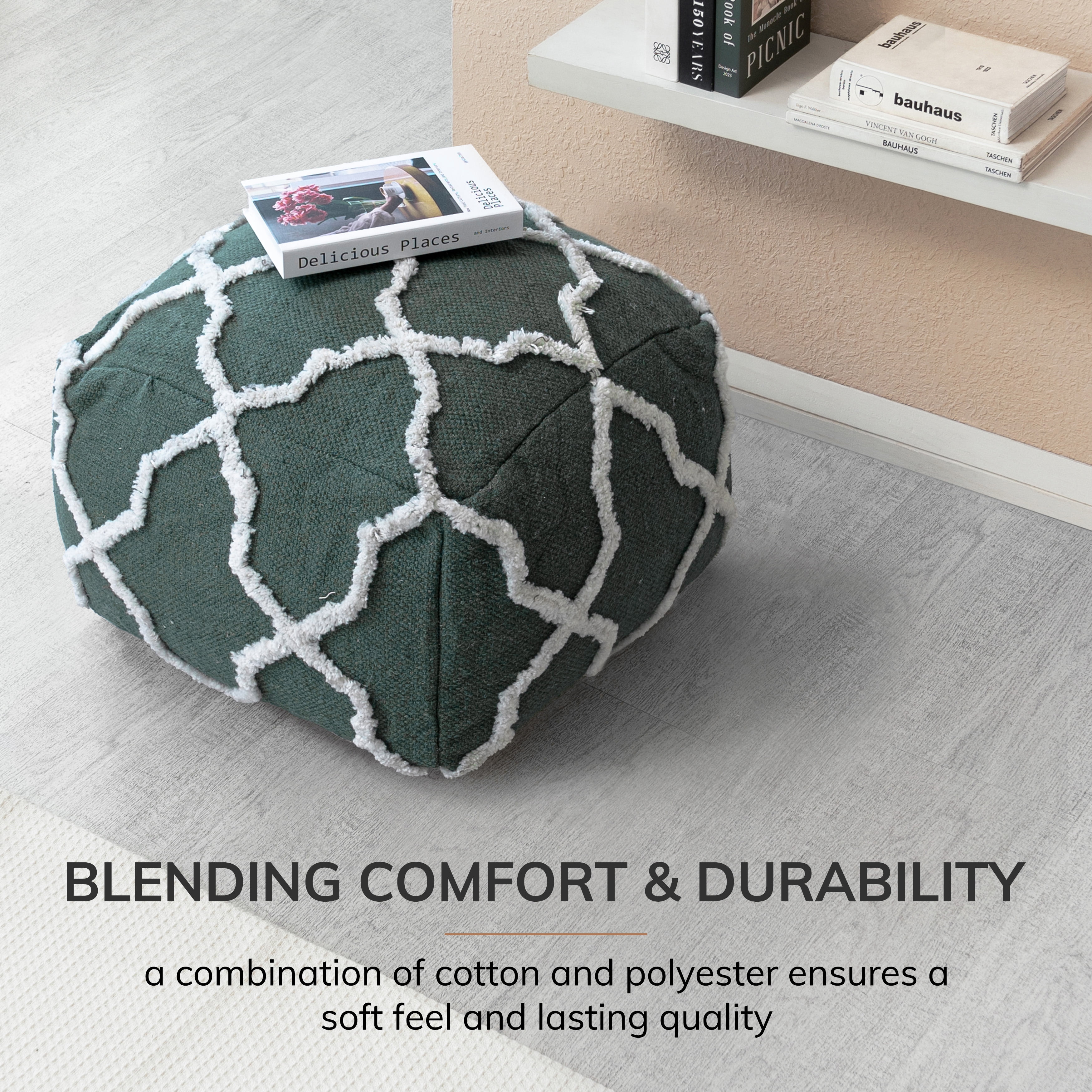 Forest Trail 22" x 22" x 16" Green & Ivory Pouf