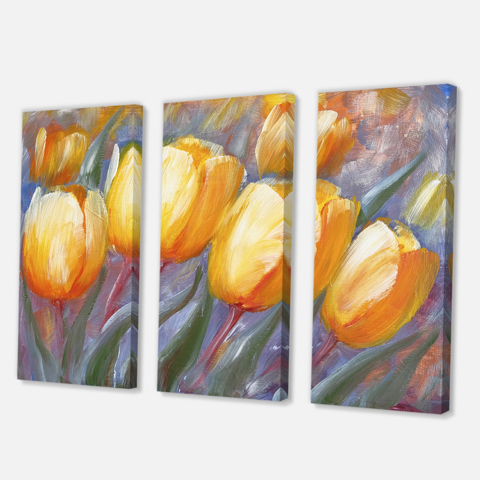 Abstract Yellow Blooming Tulips 28 in x 36 in Painting Canvas Art Print, by Designart