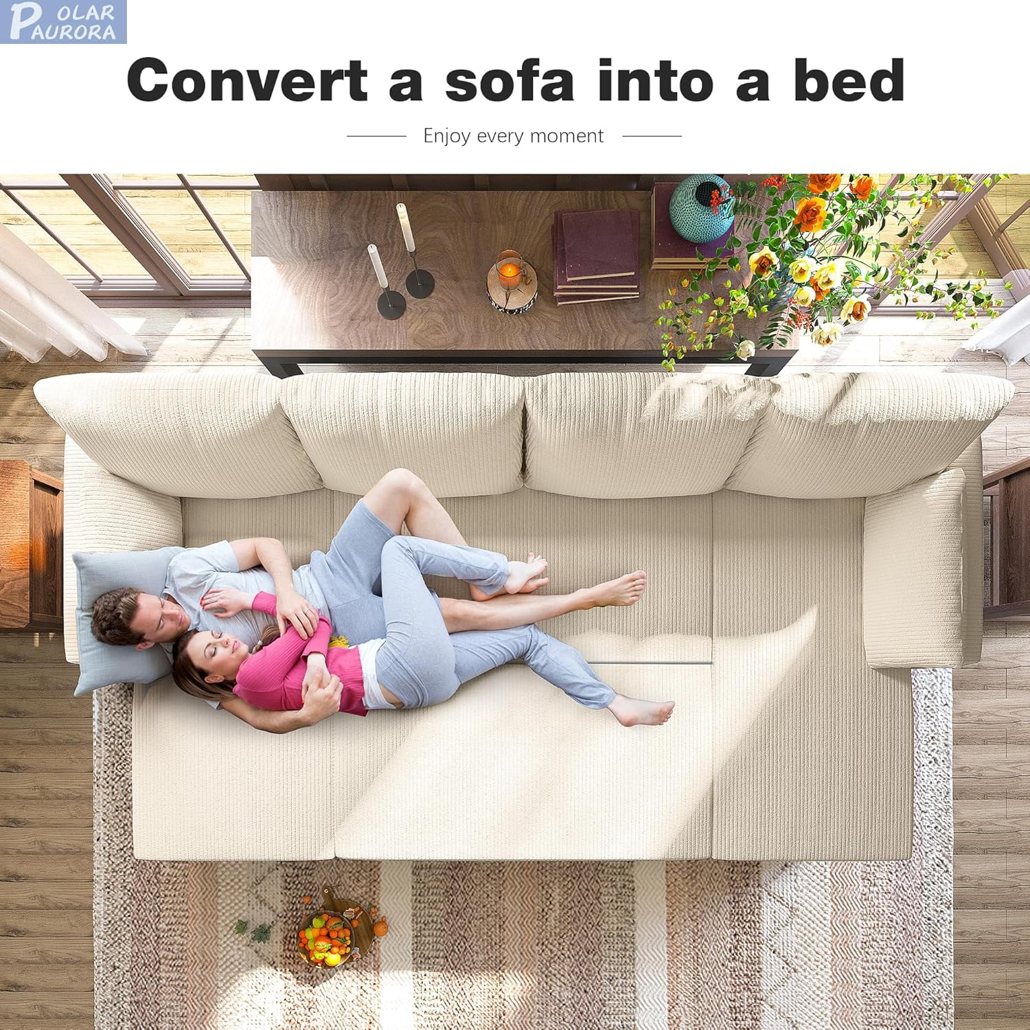 Betisef Sleeper Soft Bed,Pull Out Couch Bed with Storage Chaise,Iron Frame Soft Futon Sofa,Convertible Sleeper Couch for Living Room/Apartment/Office. (Corduroy U-Shape, Beige)