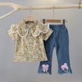 thumbnail image 2 of Bovxnpu Toddler Girls Clothes, Short Sleeve Shirt Top Flare Denim Jeans, Little Flower Print Casual Shirt Set Short Short Sleeve And Jeans Lapel Sets 2-3 Years, 2 of 5