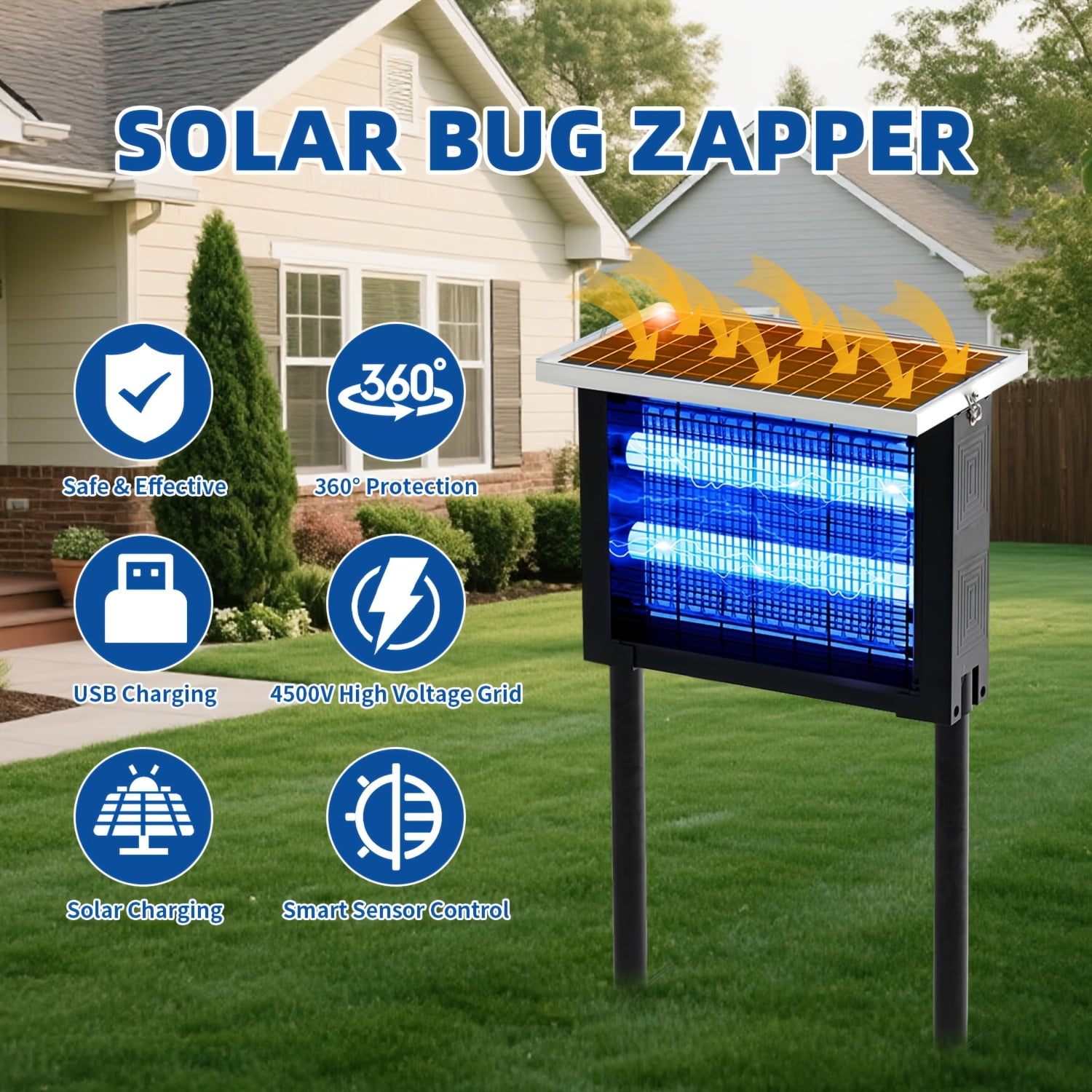 High-Efficiency Solar-Powered Outdoor Insect Zapper with Rechargeable Battery for Large Areas up to 2000 Square Feet, Portable Cordless Design for Patio Garden Backyard and Camping Use