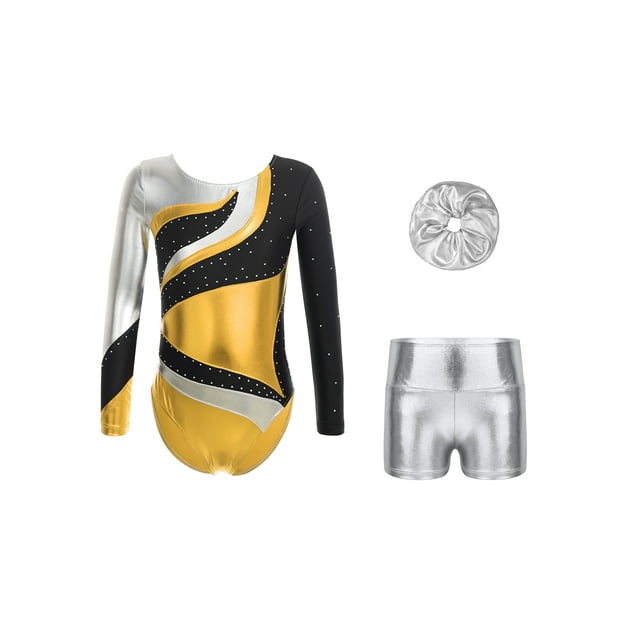 Xnihocha Gymnastics Leotards for Girls Sparkle Rhinestone Long Sleeve Biketard Dance Unitard with Shorts Hair Band Set Gold&Silver 16