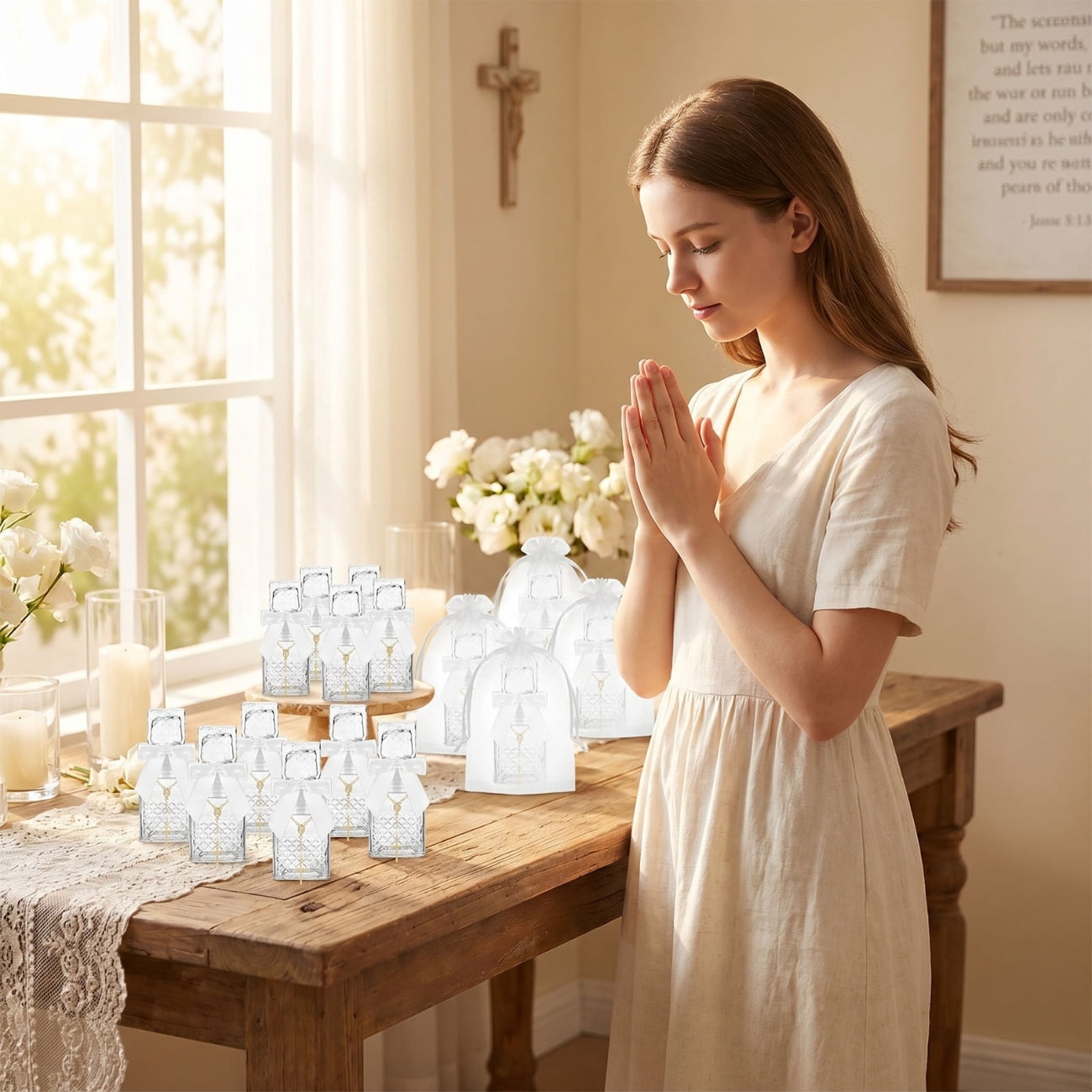 24pcs Baptism Party Supplies - Includes 12 Glass Holy Bottles And 12 Cross Rosary Bracelets - with Organza Bags (Boxed) Party Supply Set, Suitable for Weddings, Communions, Religious Events