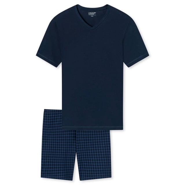 UNCOVER by SCHIESSER Conjunto de Pijama para Hombre de 2 Piezas - Corto, Cuello en V, Algodón, liso/estampado Azul scuro XL (X-Large)