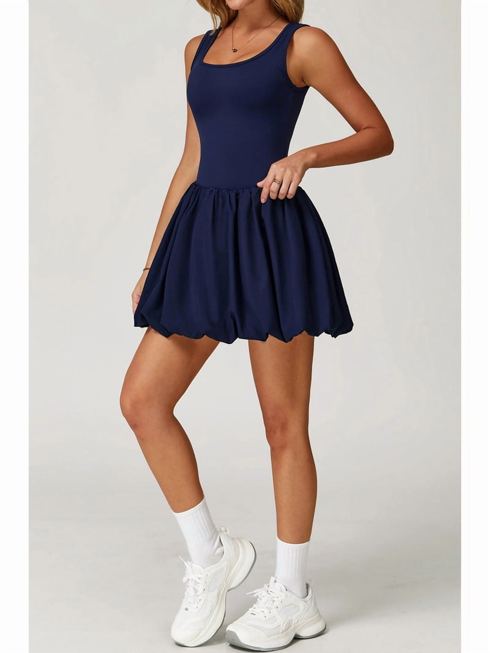 Womens Bubble Tennis Dress Squre Neck Sleeveless Workout Golf Athletic Dresses Build in Shorts with Pockets