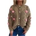 thumbnail image 2 of EchfiProm Cardigan Chunky Sweaters for Women V Neck Brown Y2k Button down Solid 3D Flower Long Sleeve Fanshion Sweater, 2 of 5