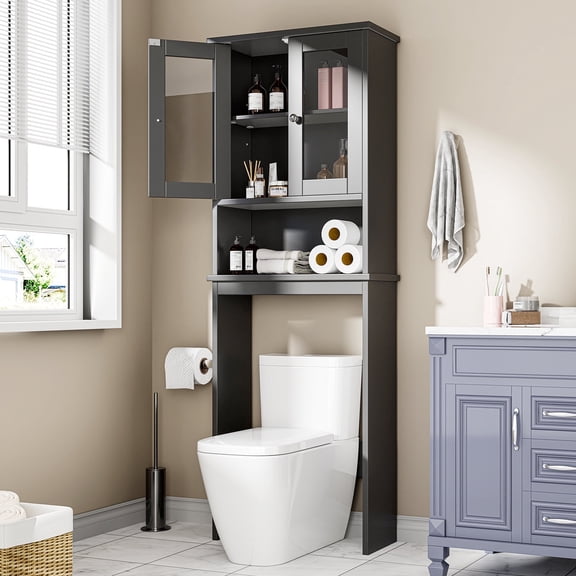 Walsunny Over The Toilet Storage Cabinet Bathroom Shelves Organizer Space Saver Freestanding Restroom Shelf with Tempered Glass Doors Anti-Tip Device Adjustable Shelf Black