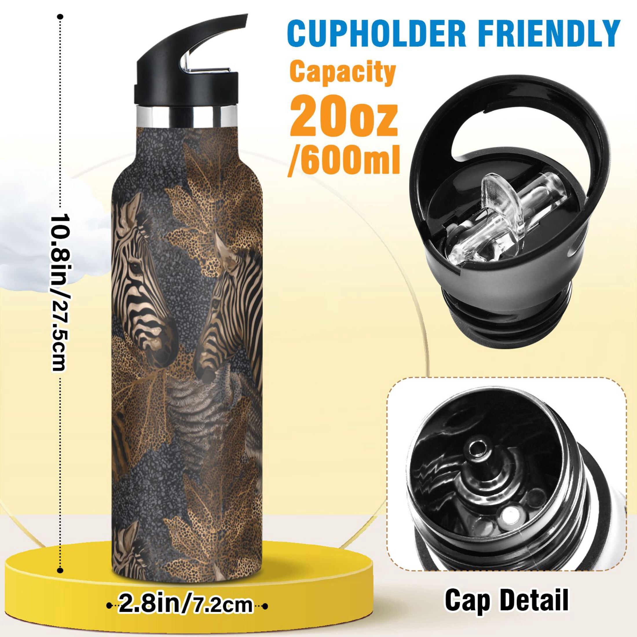 Kids Insulated Stainless Steel Sports Water Bottle 600ml (20oz) Zebra Print