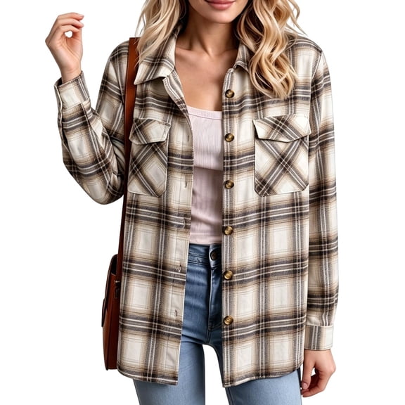 Hsovts Women Multi‑Color Buffalo Tartan Plaid Flannel Shirt, Button Up Long Sleeve Chest Pocket Loose Fit Fall Winter Casual Outerwear Perfect as Open‑Front Shacket Coat Khaki XL