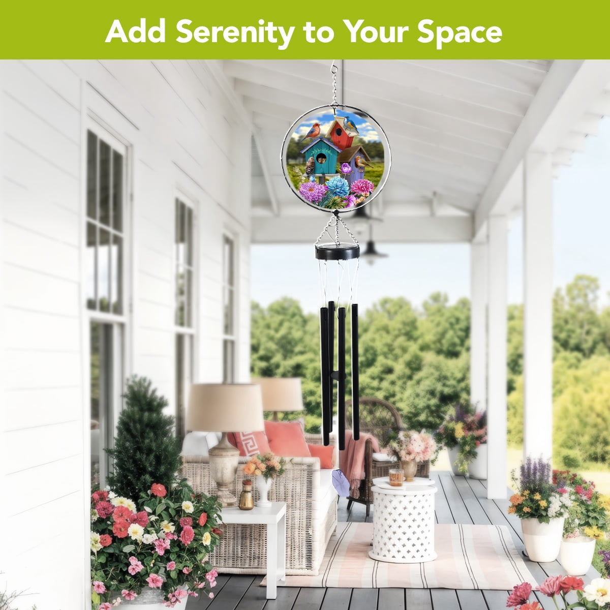 Briarwood Lane Spring LED Illuminated Solar Powered Glass Suncatcher  Wind Chime 37x8 Colorful Birdhouses For Spring Wind Chime For Outdoors Melodic Metal Windchimes Wind-Chimes