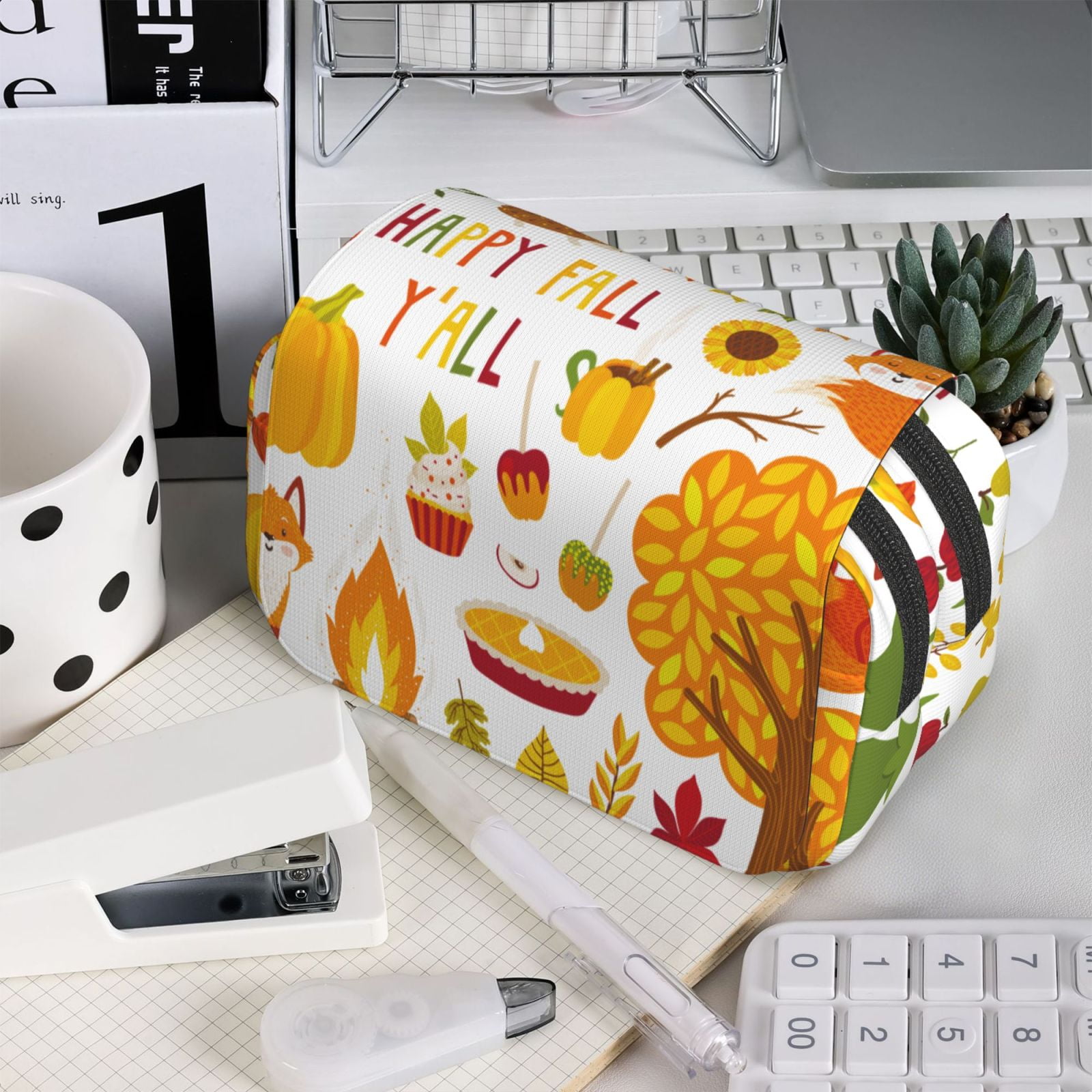 Rateoe HAPPY FALL Y'ALL Pattern Double Clamshell Pen Case, Storage Organizer with Two Zipper Compartments– Holds Up to 50 Pencils & Pens