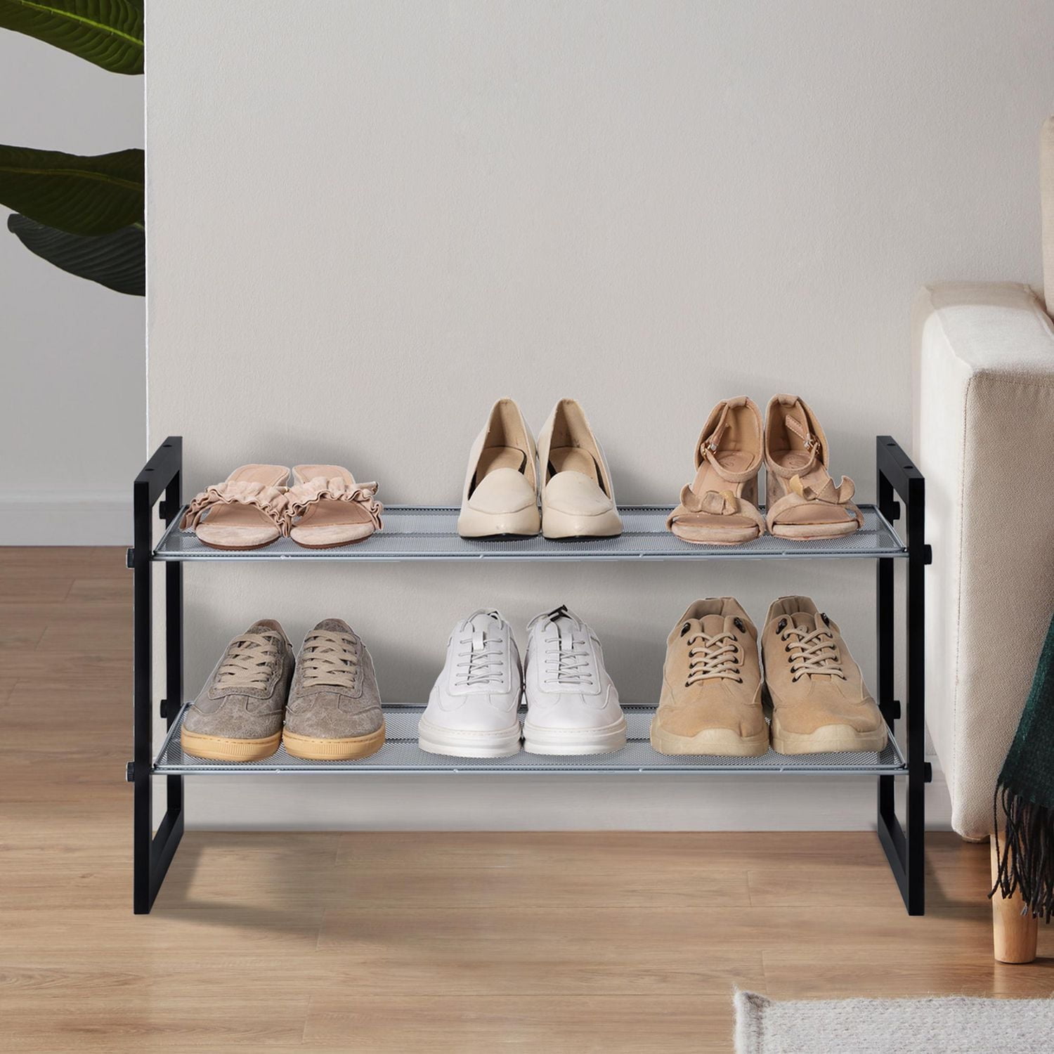 Mainstays Two-Tier Stackable Shoe Rack, Mesh Silver Shelves with Brown Wood Frame, Stackable, Product assembled size:29.5 in. W x 12 in. D x 16 in. H