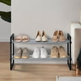 thumbnail image 4 of Mainstays Two-Tier Stackable Shoe Rack, Mesh Silver Shelves with Brown Wood Frame, Stackable, 4 of 9