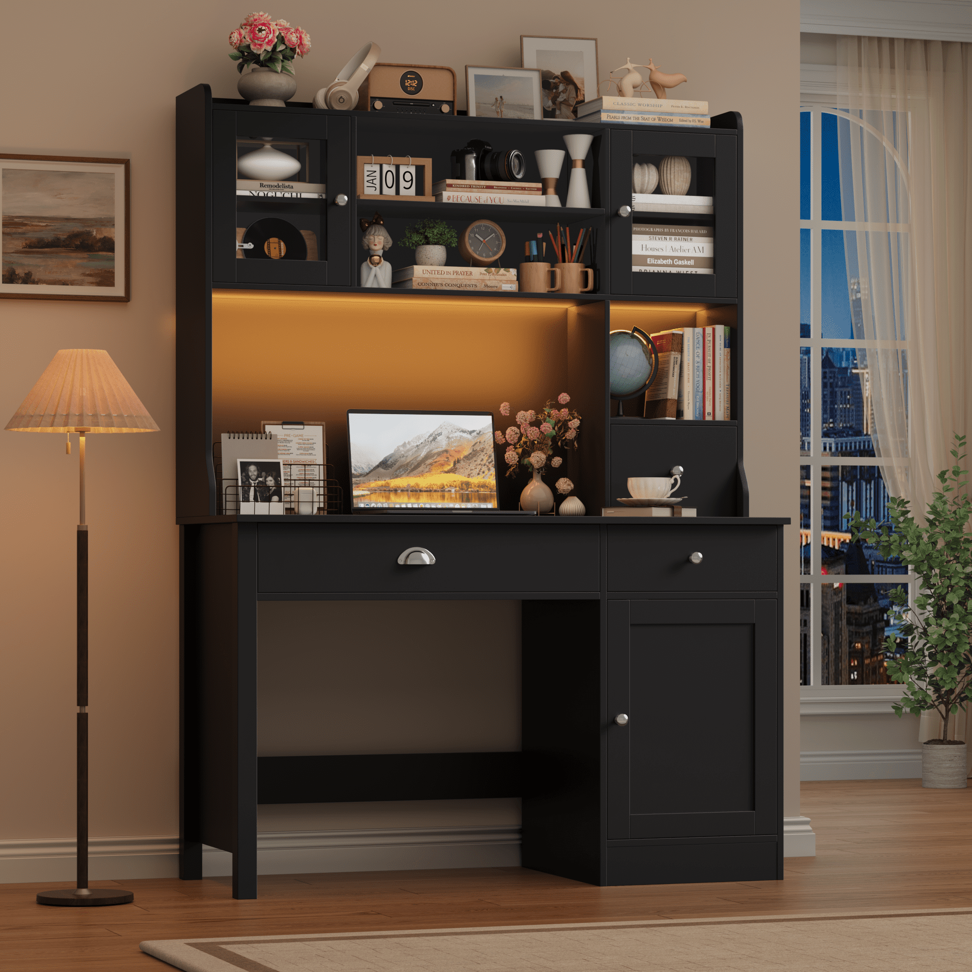Homfa Executive Desk with Hutch & Power Outlets & LED Lights, Wood Writing Study Table, Home Office Computer Desk with Adjustable Shelves and Drawers, Black
