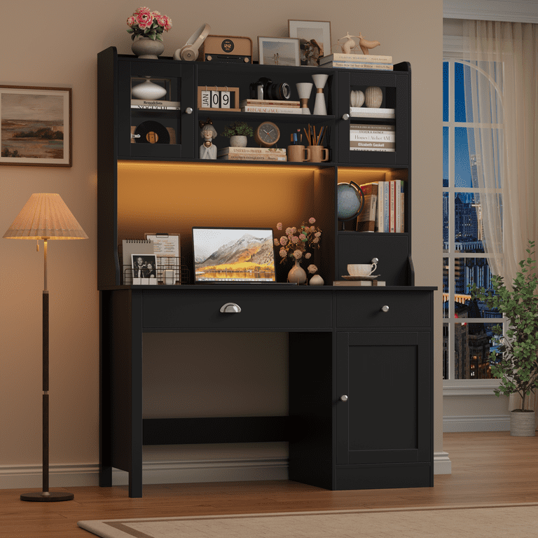 Homfa Executive Desk With Hutch, LED Lights, and Storage photo 3
