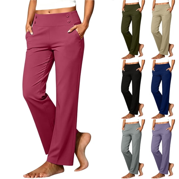 Bloomae Golf Pants for Women Casual Side Button Decor Elastic High Waist Yoga Leggings Trendy Basic Solid Color Athletic Workout Business Straight Leg Pants with Pockets