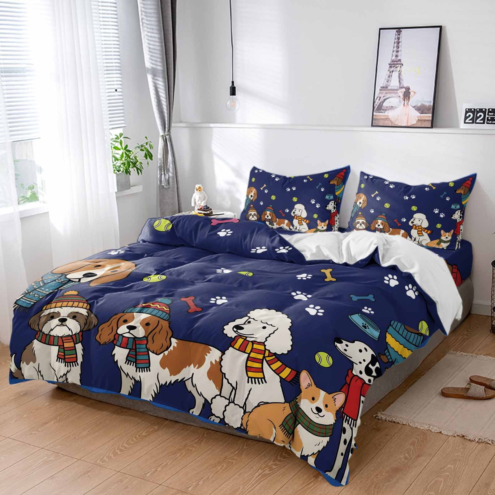 Cartoon Puppy Duvet Cover Set Queen Size, Dag Paw Print Bone Balls Navy Background 4 Piece Bedding Set with Zipper Closure & Corner Ties Soft Breathable Comforter Cover for Bedroom