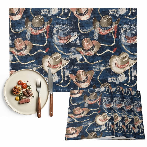Western Farmhouse Placemats Set of 4, Vintage Cowboy Hat Table Mats Washable Heat-Resistant Non-Slip Place Mats for Kitchen Dinner Table Indoor Outdoor Decor,13x19 Inch Bule