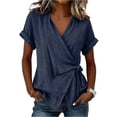thumbnail image 3 of Linen-Blend Surplice Wrap Top for Women, Short Sleeve V-Neck Tie-Front Blouse with Rolled Cuffs - Lightweight Summer Casual Tunic Shirt Navy S, 3 of 5