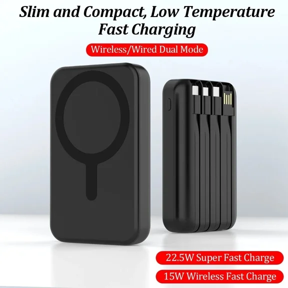 Upgrade 10000mAh Magnetic Wireless Power Bank with LED Display, 22.5W Fast Charging, Built-in USB/Type-c Cables for iPhone Samsung