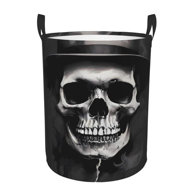 Balery Black White Hat Skull Cesta de ropa redonda con asas, impermeable, independiente, para ropa, juguetes, dormitorio y familia-Small