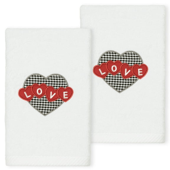 Linum Home Textiles Love Hearts Embroidered Luxury 100% Turkish Cotton Hand Towels (Set of 2)